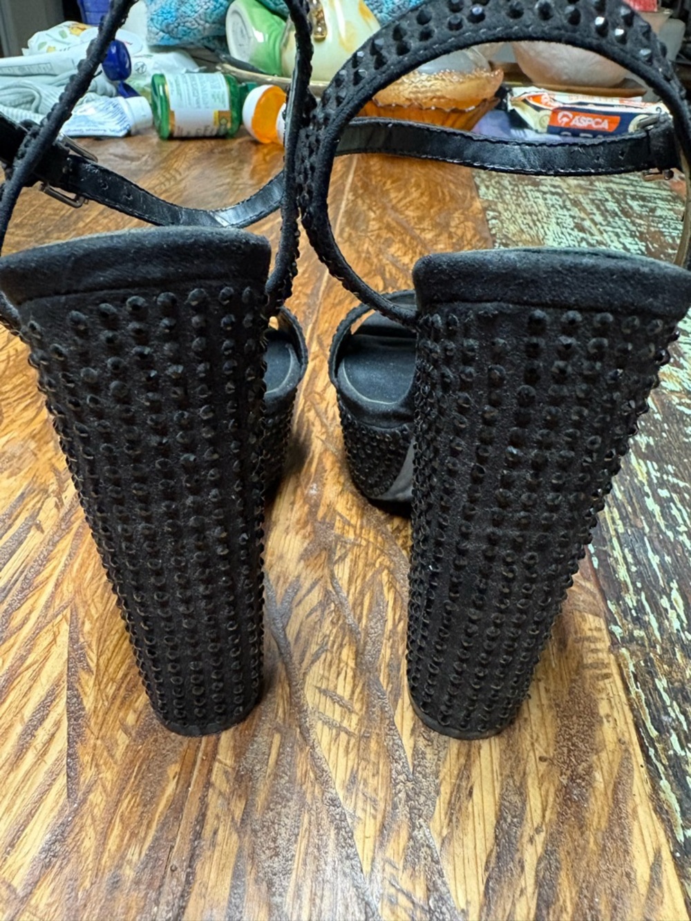 Y2K Aldo Black Mini Rhinestone Studded Platform Ankle-Strap Leather Heels Size 6 - Picture 7 of 11
